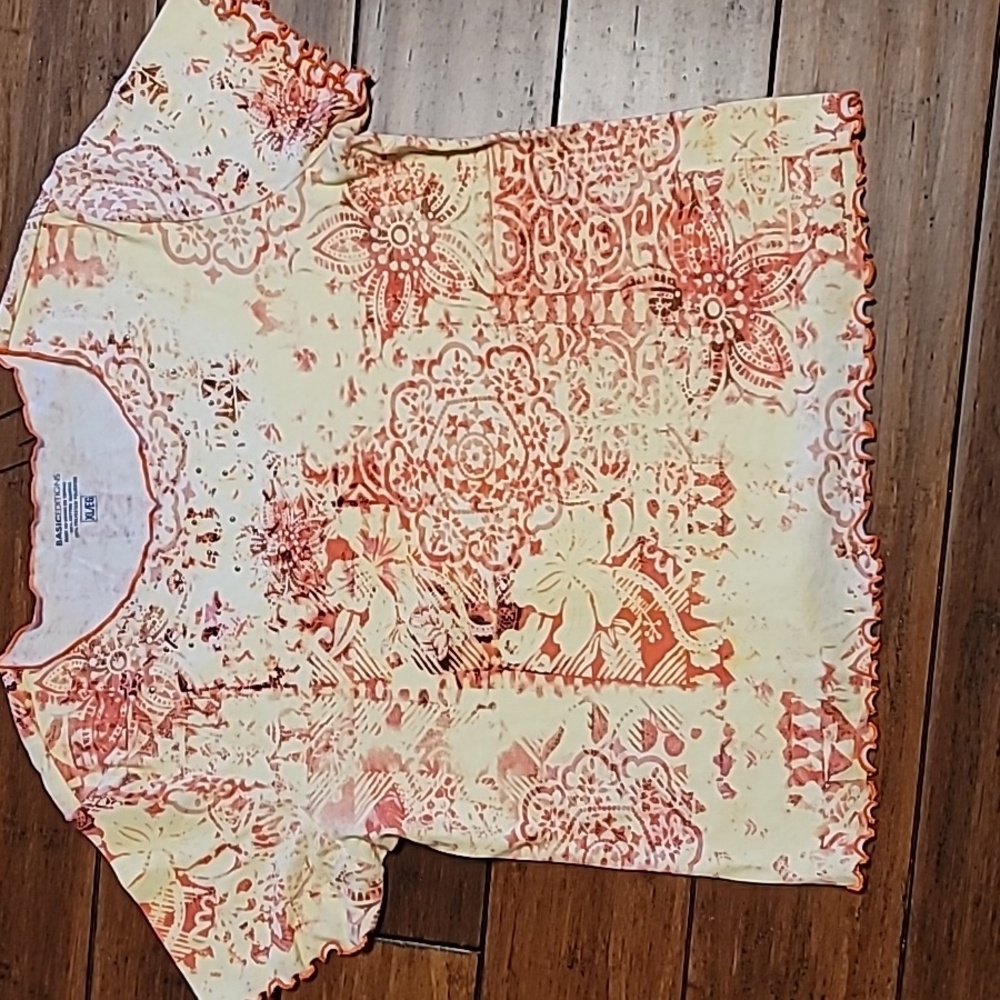 Basic Editions yellow and orange lettuce edge t-shirt with embellishments